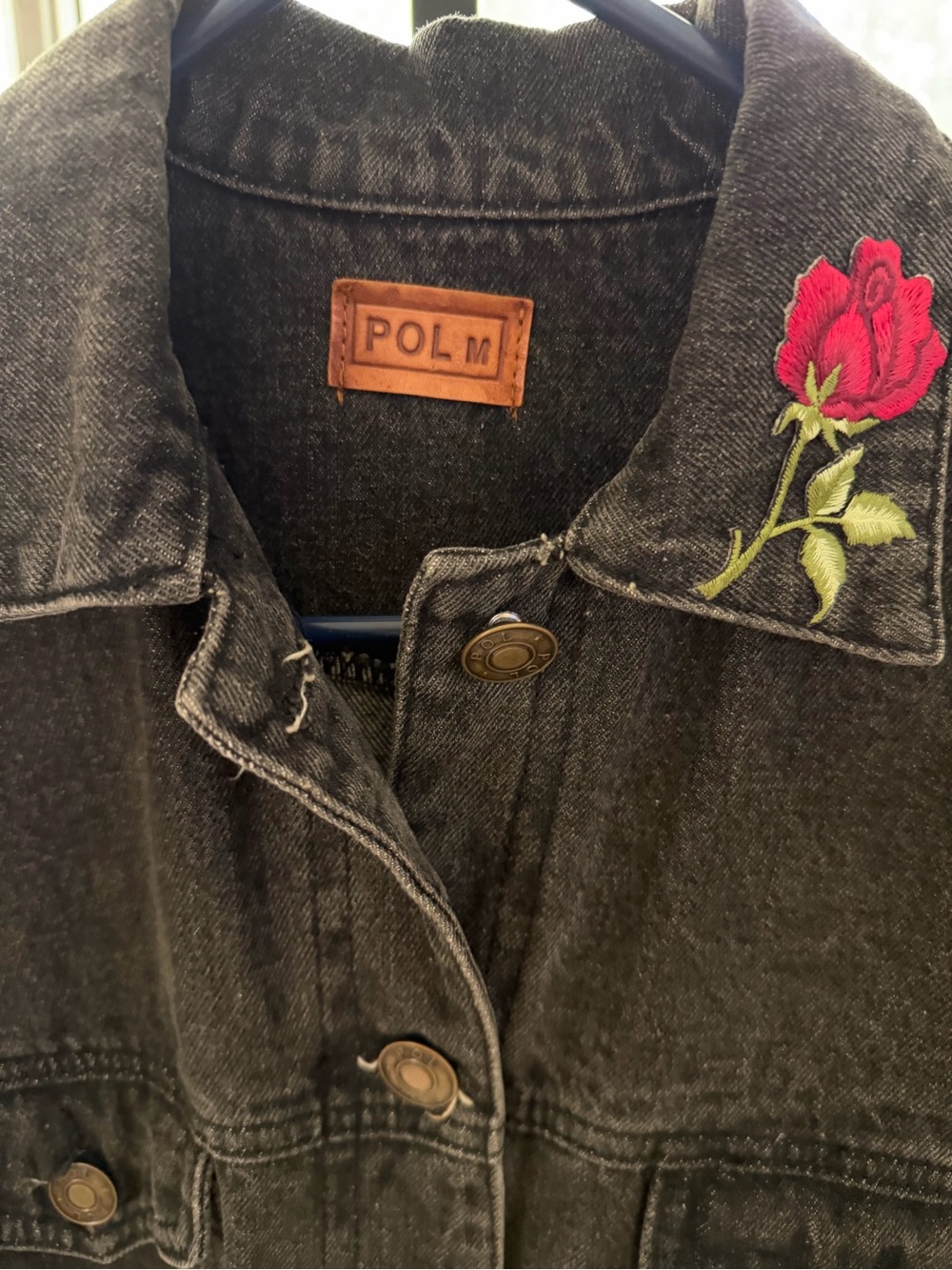 POL vintage Embroidered-Collar Denim Jacket - rose is removable PTP 21”, L 26” c - Picture 4 of 5
